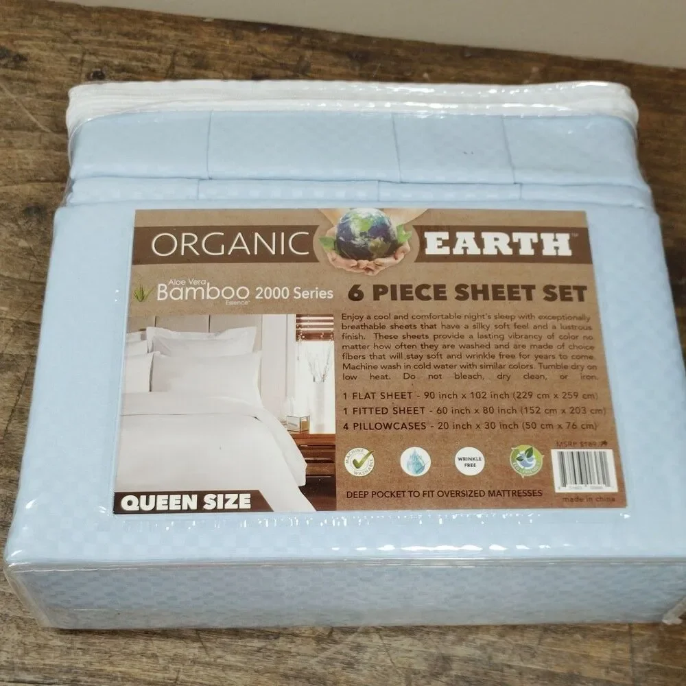Organic Earth Bamboo Queen Size Sheet Set NEW Deep Pockets 6 Piece Blue Bed